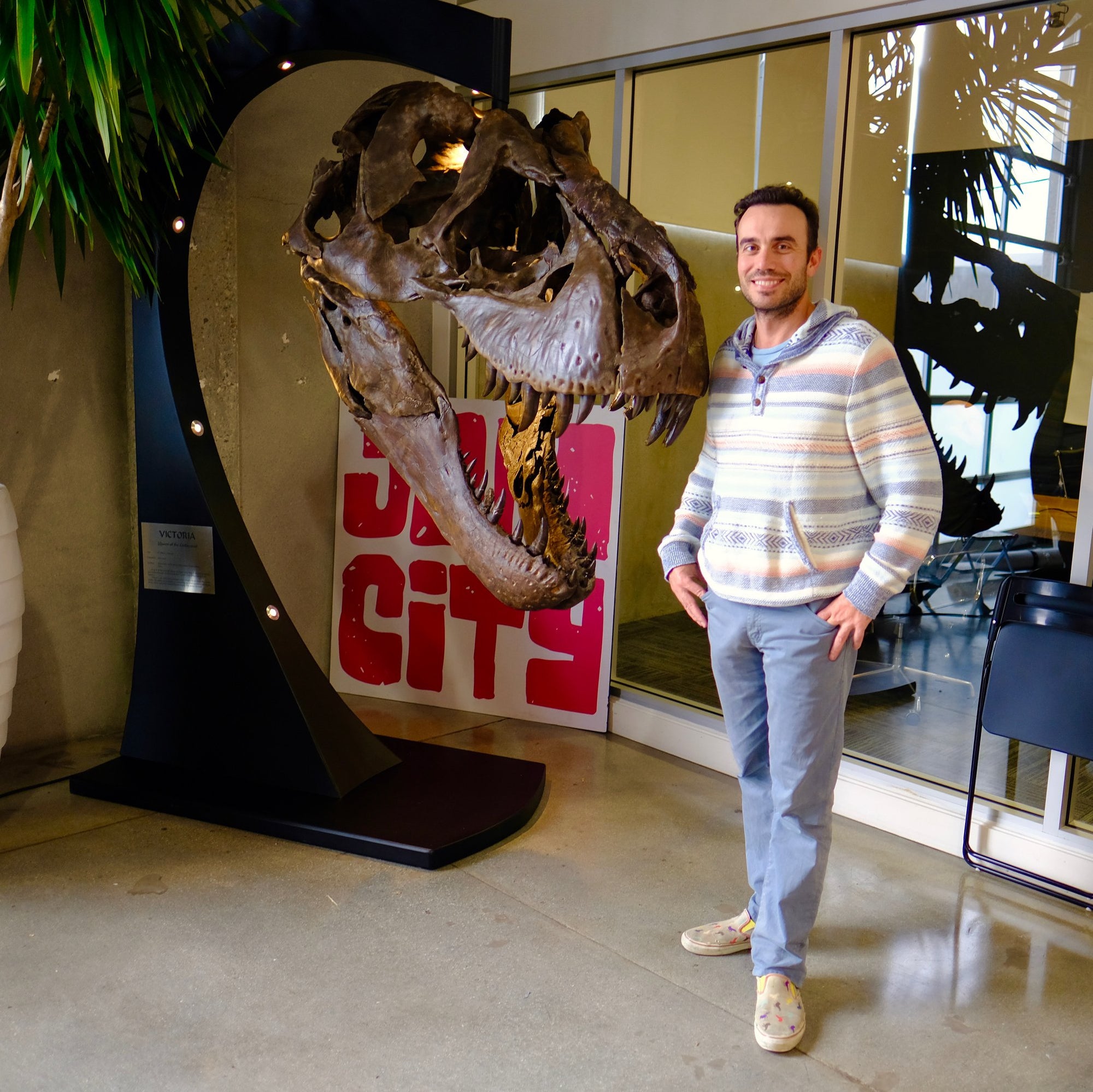 Tyrannosaurus rex - skull cast  One of our guests posing with the first cast of the skull of Victoria, a famous T.rex. The skull was 3D printed from original scans taken by the world expert in digitizing dinosaur bones.
