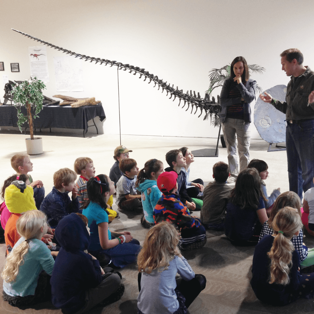 We do school presentations! Education, prehistoric education, Dinolab, Holzmaden Ammonite plate, Allosaurus tail, class presentation, mobile learning