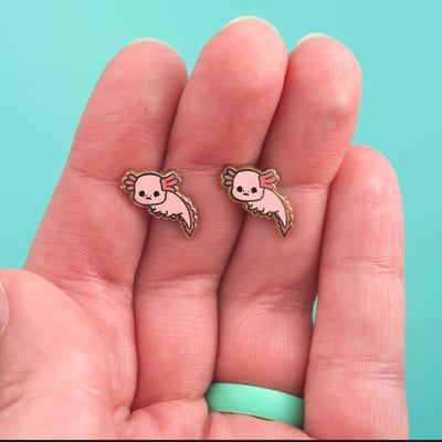 Axolotl Earrings - 22k Gold | Stainless Posts | Enamel Studs