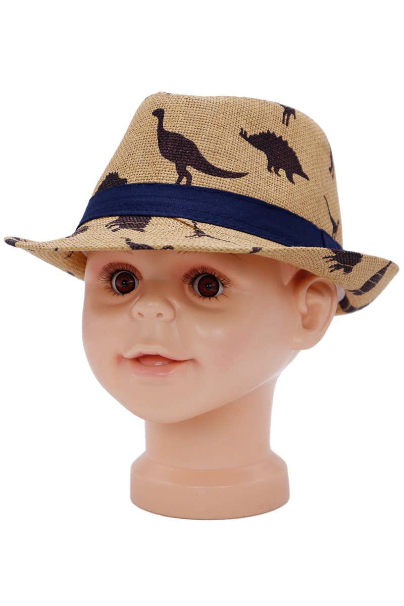 Kids Dinosaur Print Open Weave Paper Straw Fedora