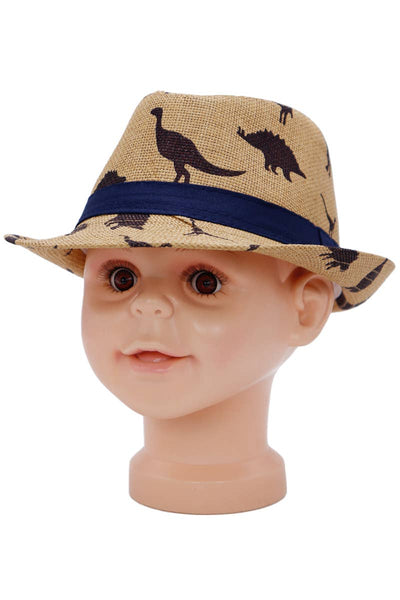 Kids Dinosaur Print Open Weave Paper Straw Fedora