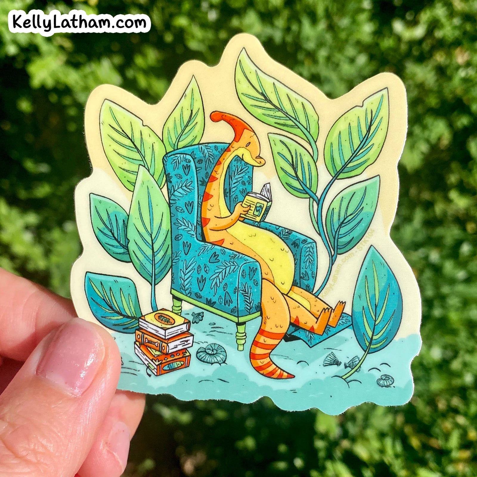 Reading Parasaurolophus Dinosaur Book Lover Sticker 3 Inch