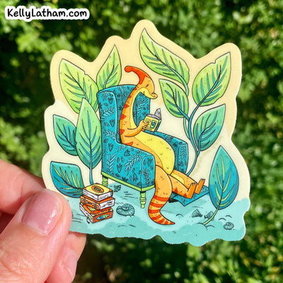 Reading Parasaurolophus Dinosaur Book Lover Sticker 3 Inch
