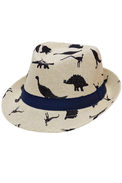 Kids Dinosaur Print Open Weave Paper Straw Fedora
