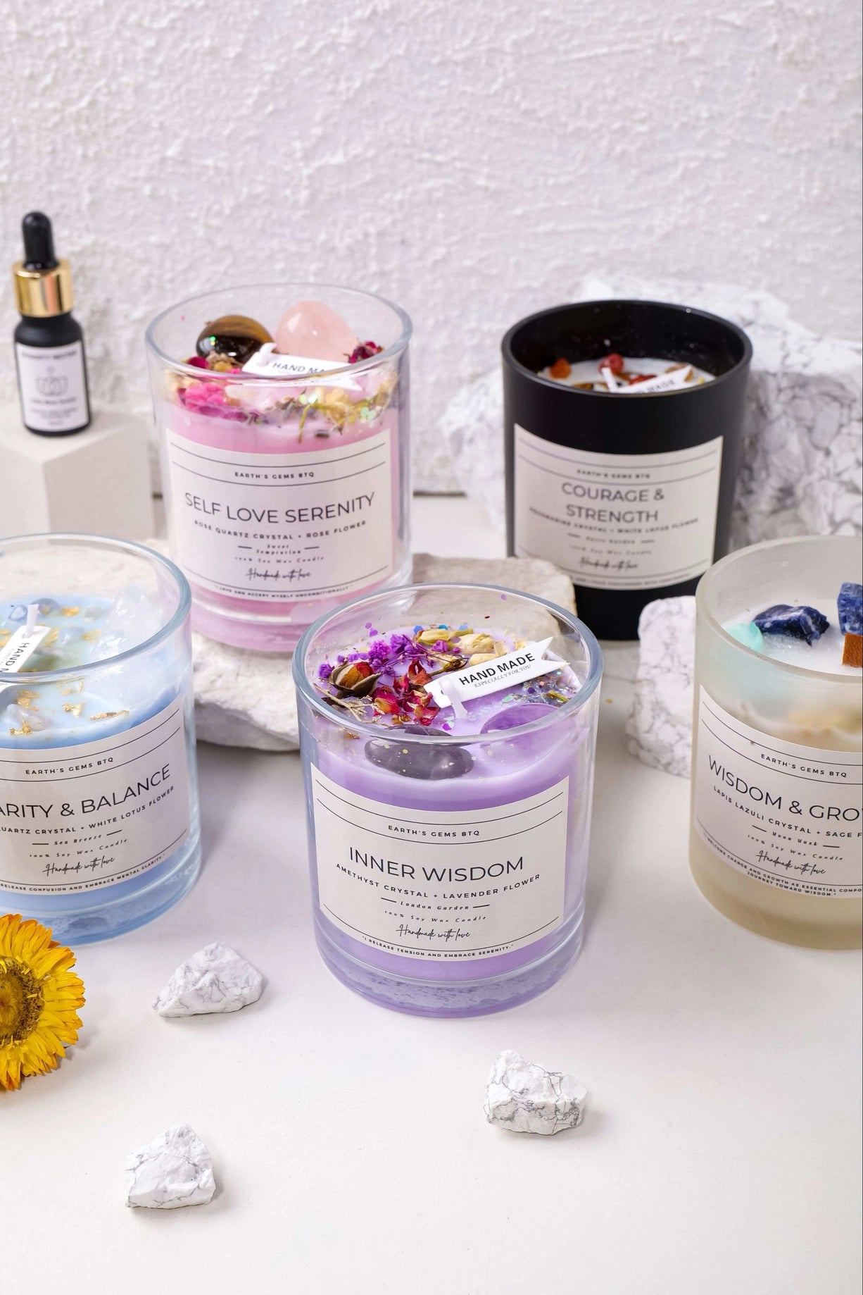 Calm and Tranquility Intention Candle with Crystals and Flowers