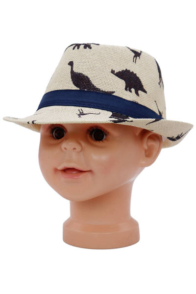 Kids Dinosaur Print Open Weave Paper Straw Fedora