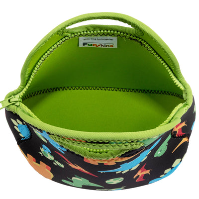 Small, Machine Washable Lunch Bag - Black Dinos