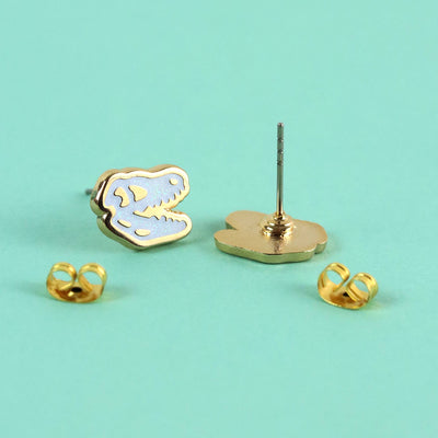 T-rex Skull Earrings - 22k Gold | Stainless Posts | Enamel