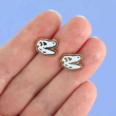 T-rex Skull Earrings - 22k Gold | Stainless Posts | Enamel