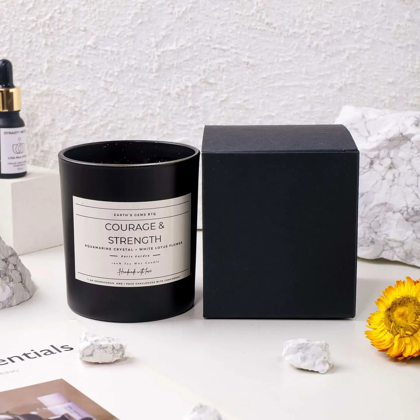 Courage and Strength Intention Candle with Crystals and Flowers