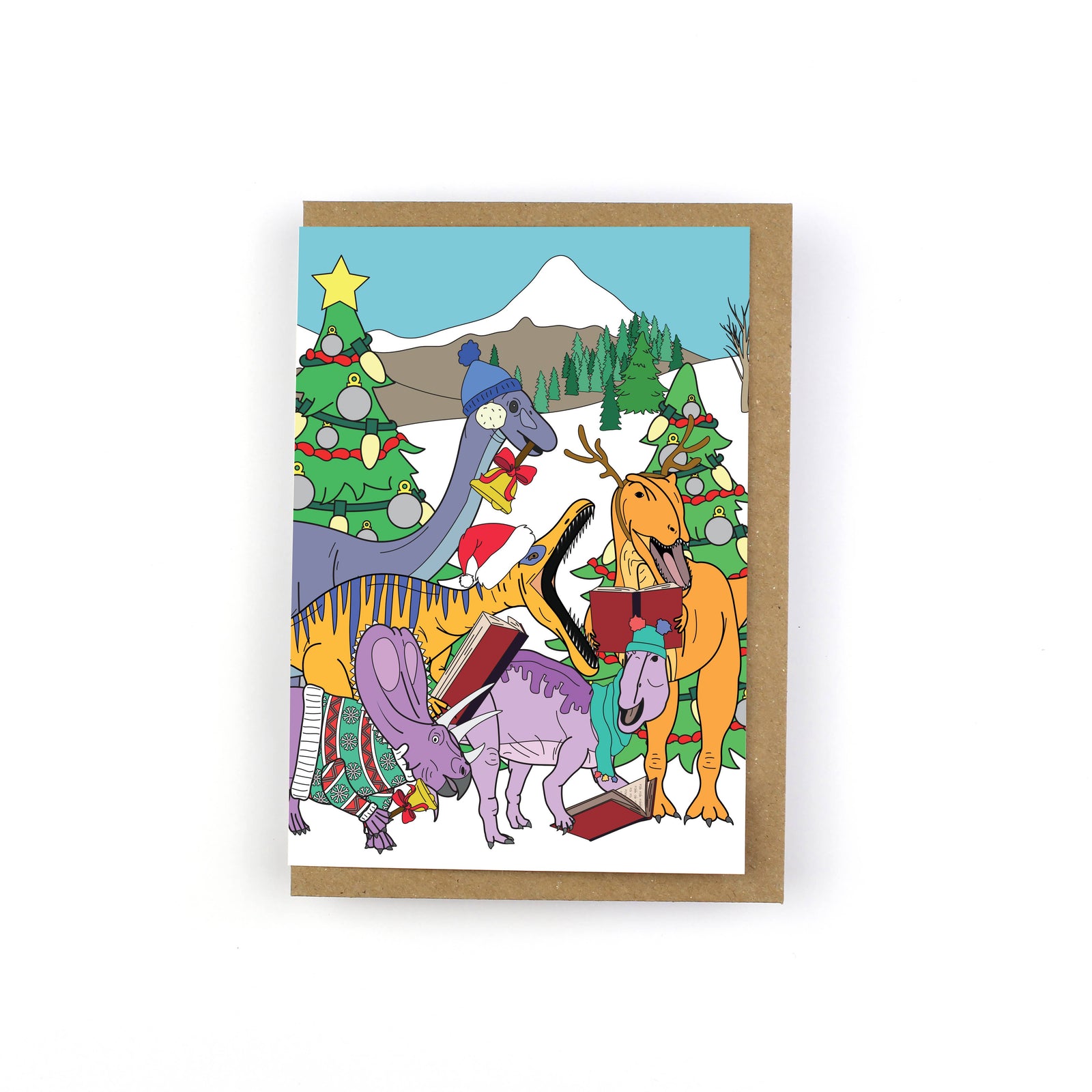 Christmas Winter Scene Dinosaur Greeting Card