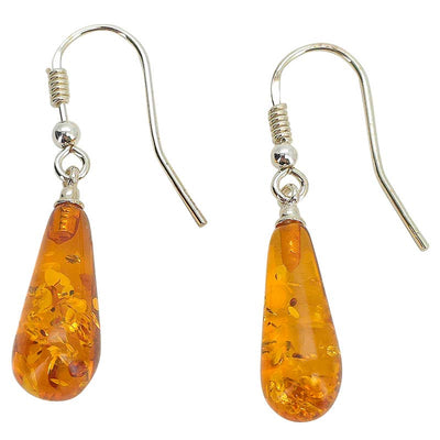 Cognac Amber Sterling Silver Hook Earrings - Long Teardrop