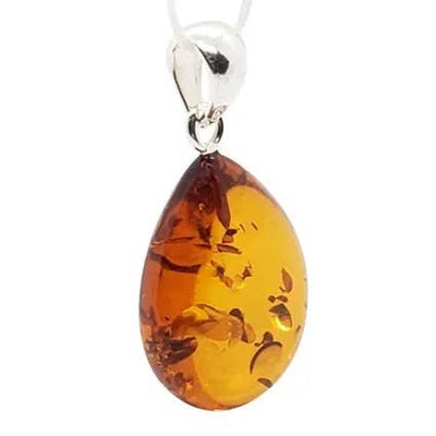 Cognac Amber Small Drop Pendant - Sterling Silver