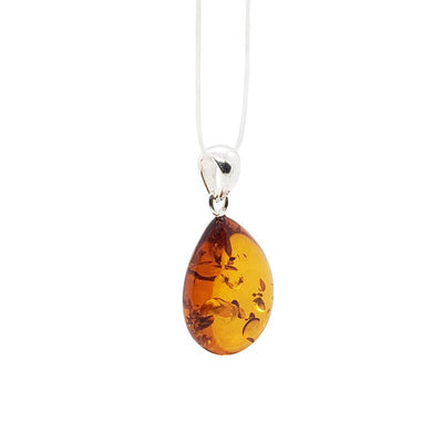 Cognac Amber Small Drop Pendant - Sterling Silver