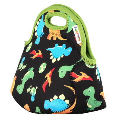 Small, Machine Washable Lunch Bag - Black Dinos