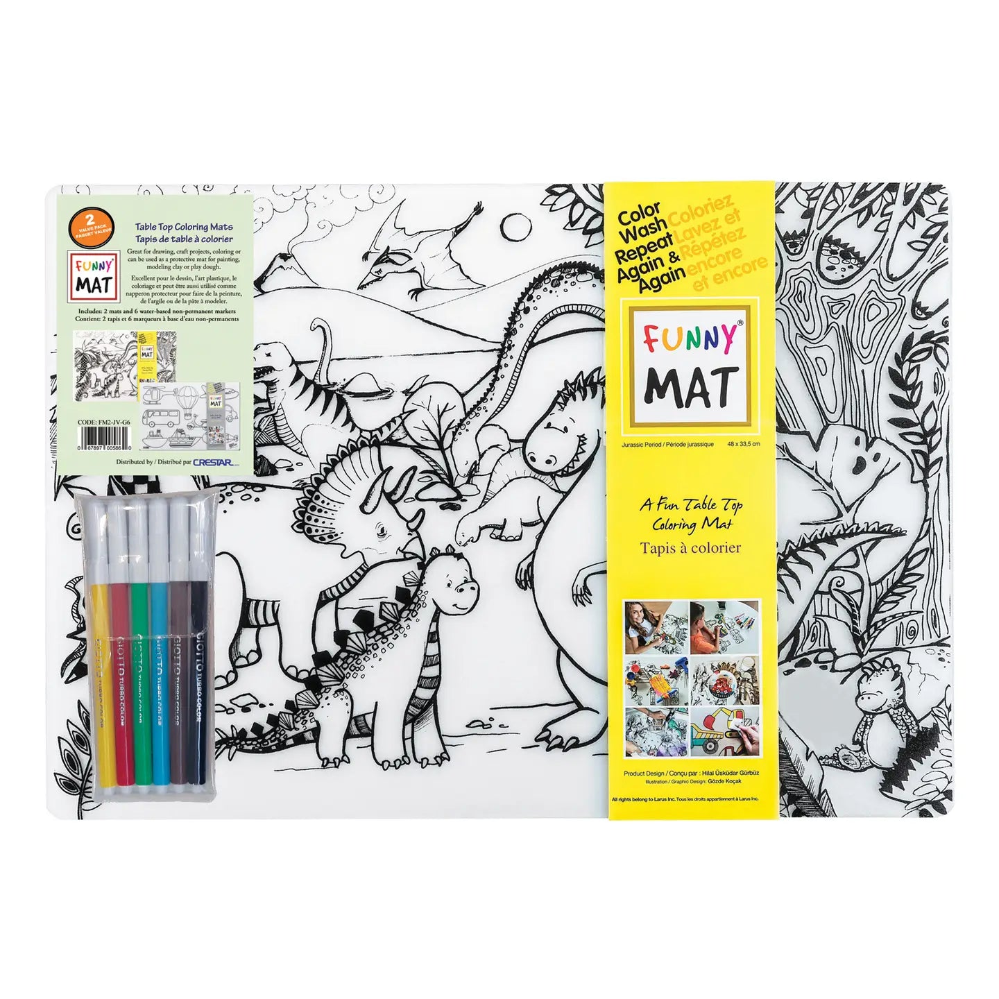 Table Top Colouring Mat, 2 Pk w/ Markers Dinos & Vehicles