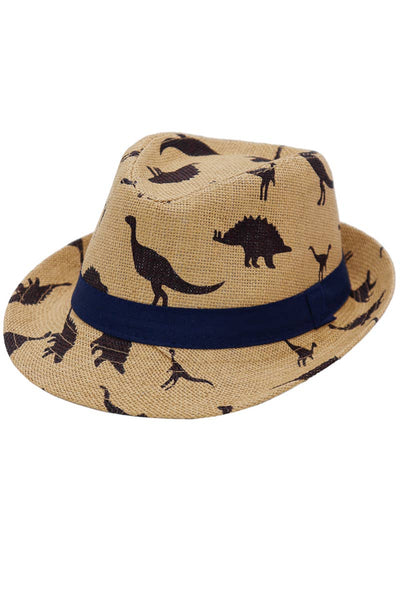 Kids Dinosaur Print Open Weave Paper Straw Fedora