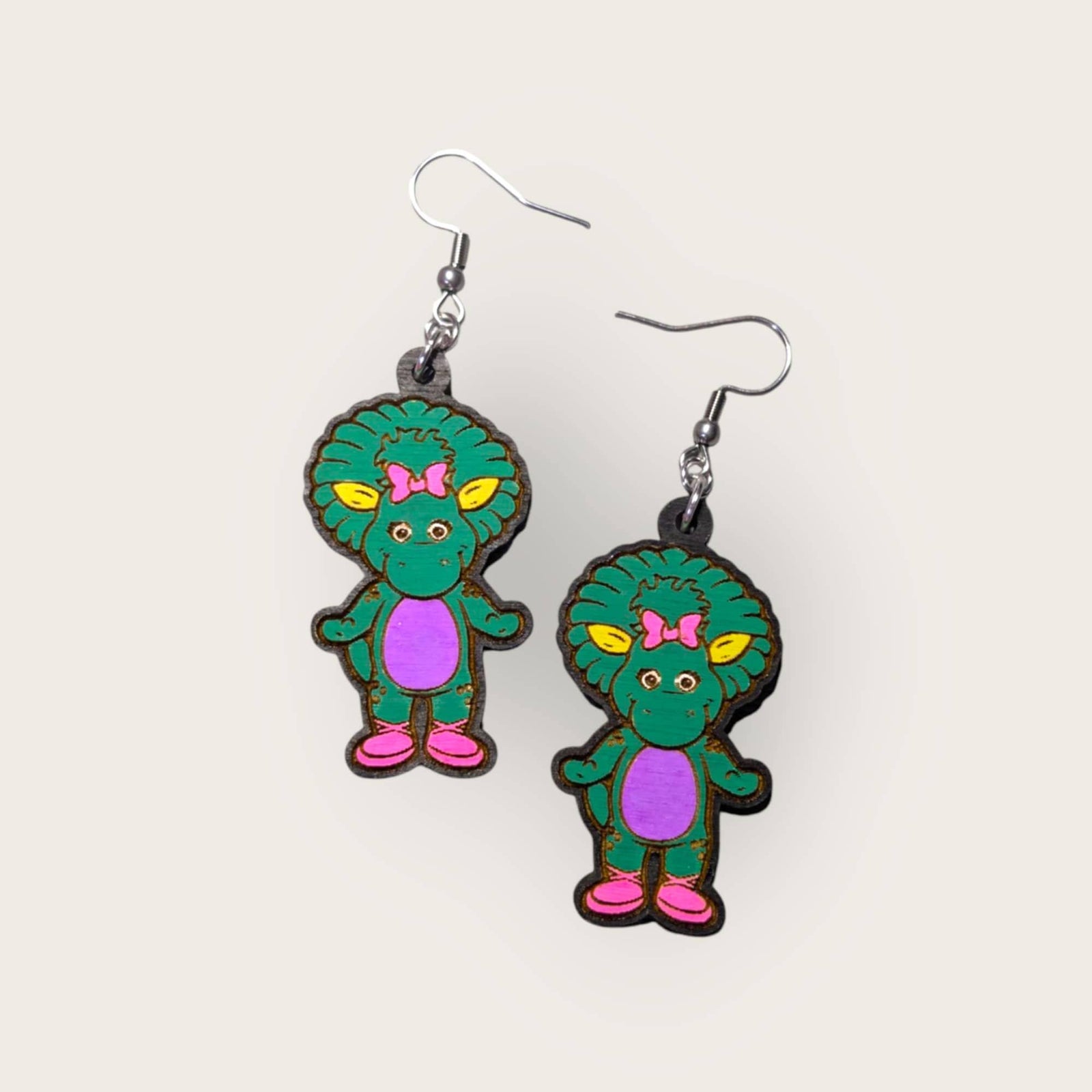 Nostalgic TV Green Dinosaur Hand Painted Dangle Earrings