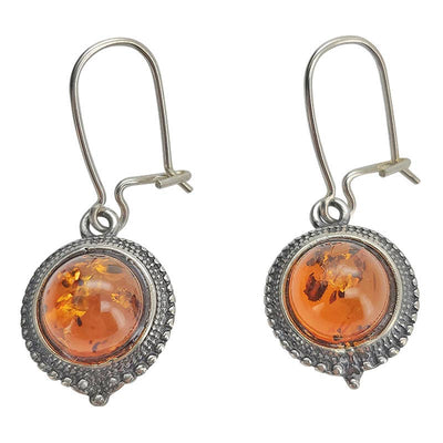 Cognac Amber Sterling Silver Earrings - Round