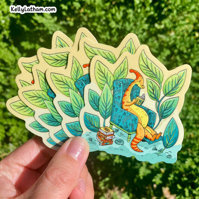Reading Parasaurolophus Dinosaur Book Lover Sticker 3 Inch
