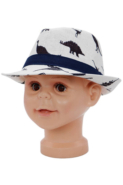 Kids Dinosaur Print Open Weave Paper Straw Fedora