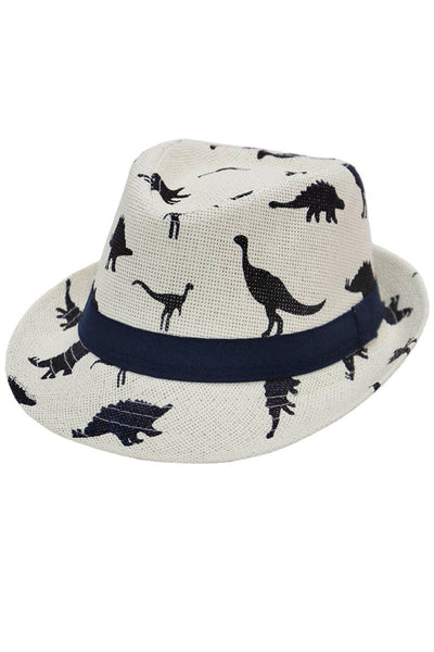 Kids Dinosaur Print Open Weave Paper Straw Fedora