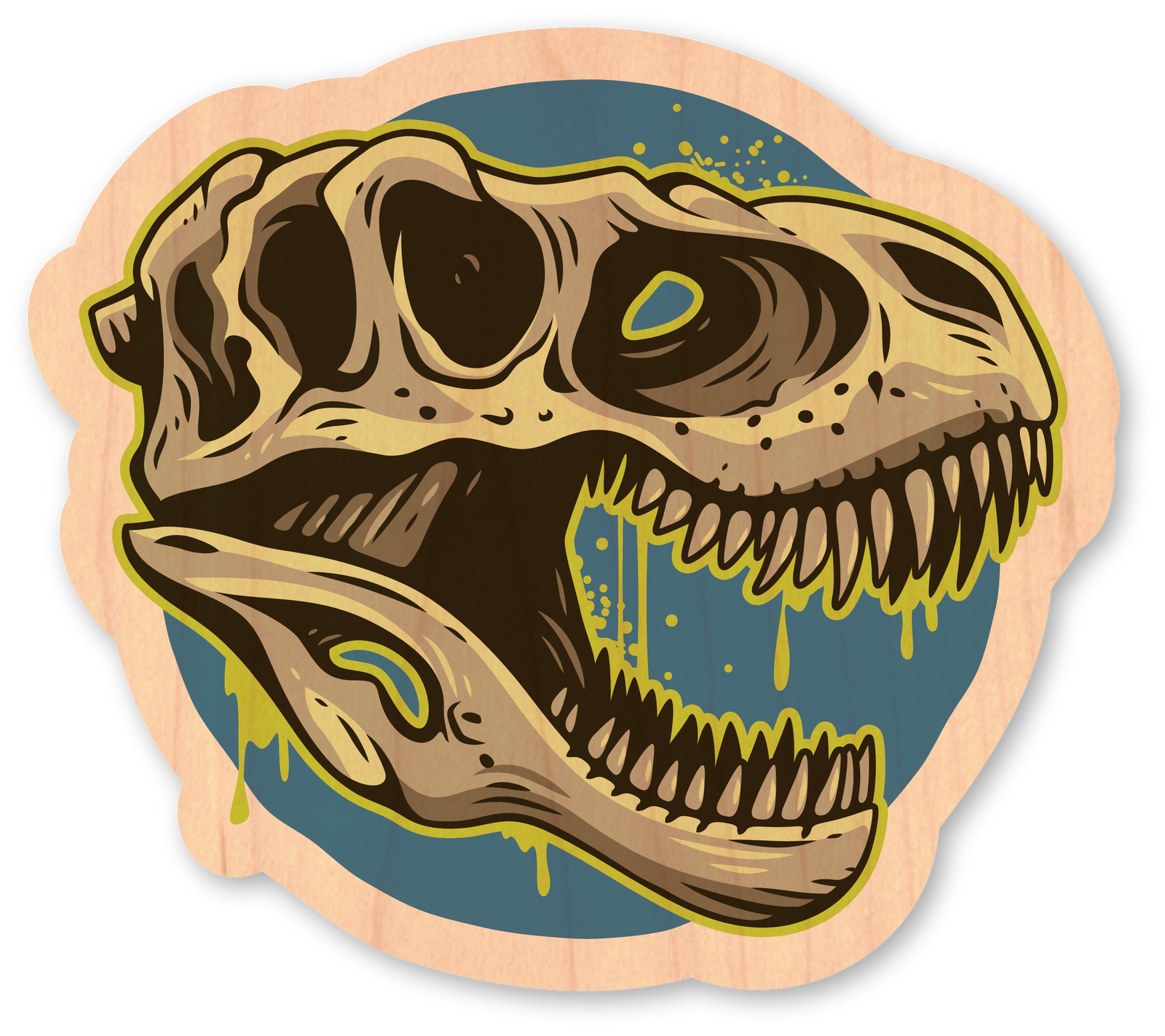 Mini Wood Sticker - Neon T Rex Skull