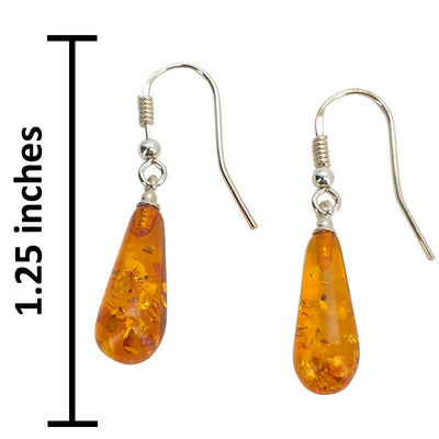 Cognac Amber Sterling Silver Hook Earrings - Long Teardrop