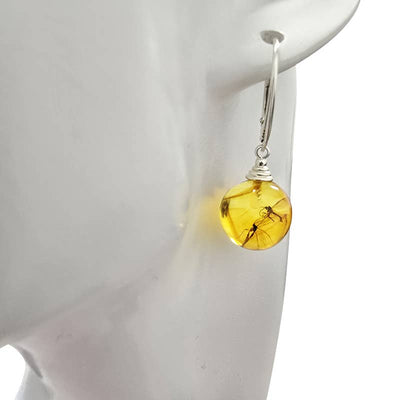 Natural Amber Silver Earrings with Insects