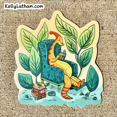 Reading Parasaurolophus Dinosaur Book Lover Sticker 3 Inch