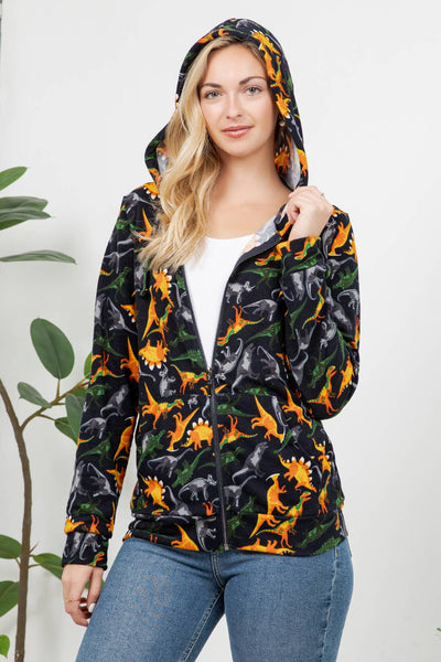 Retro Dino Print Zipper Hoodie
