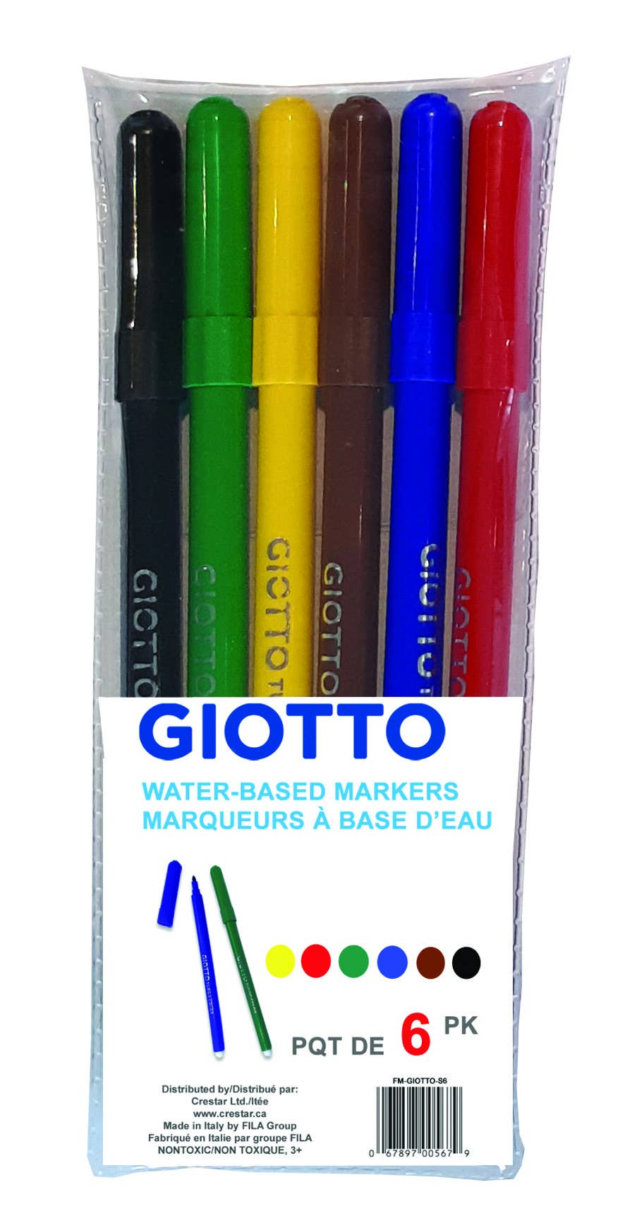 Giotto Water-Based Markers, Set of 6, Assorted Colors