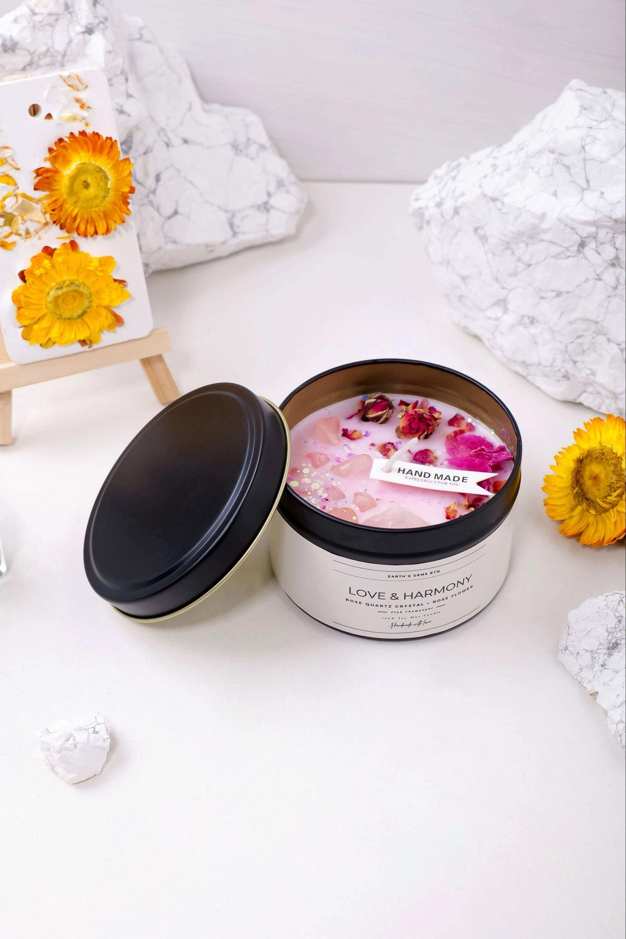 Love and Harmony Intention Candle with Crystals and Flowers