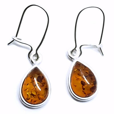 Cognac Amber Sterling Silver Earrings - Teardrop