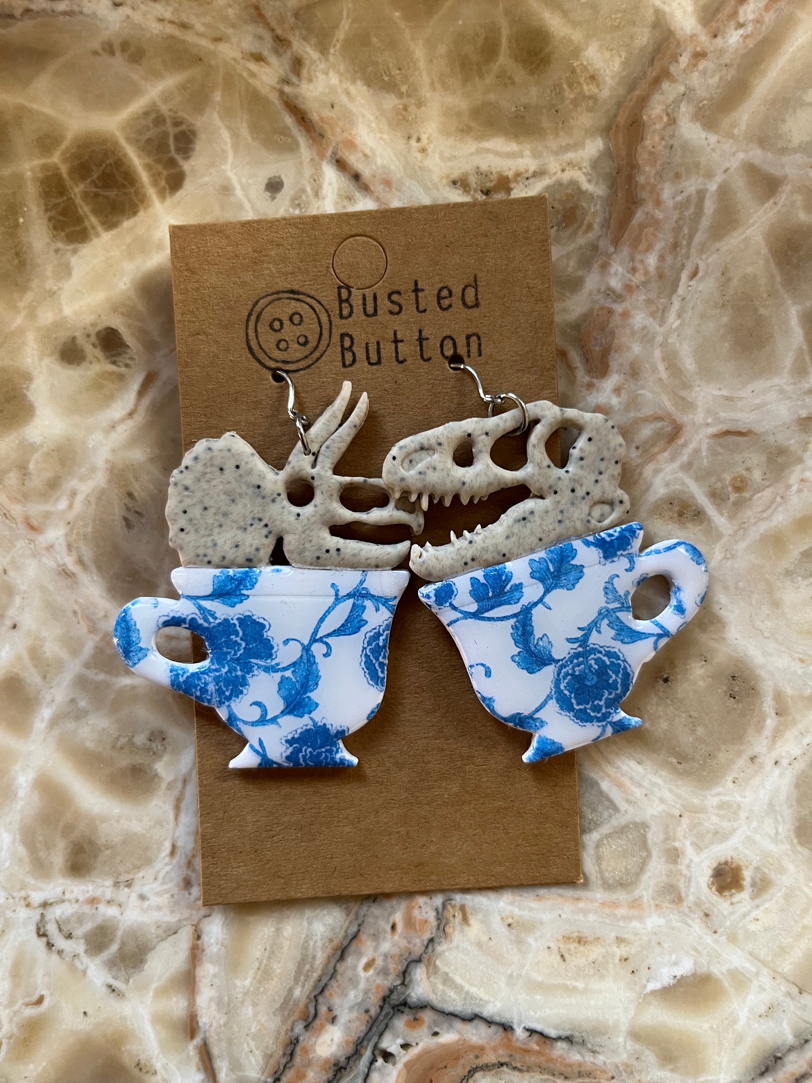 Dino Skulls in Teacups - Tea Party XL Dangly Earring