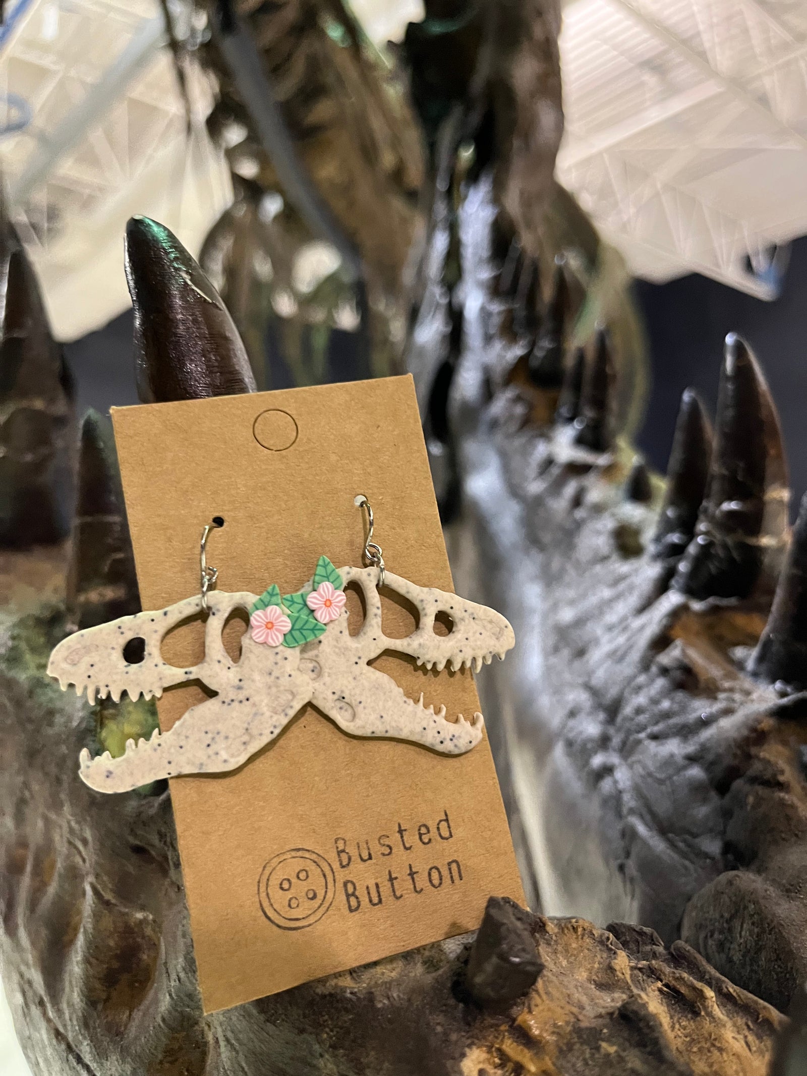 Flower T Rex Skull Earrings