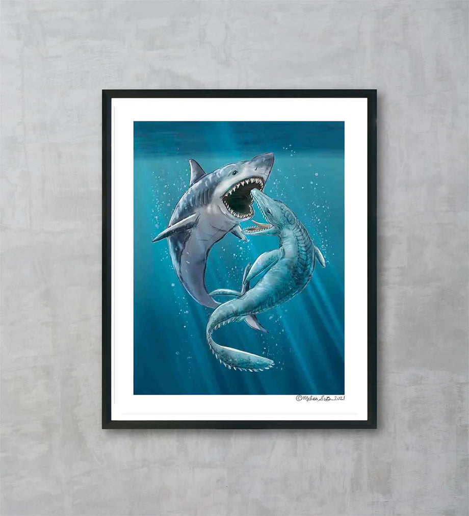 Megalodon vs Mosasaurus Fine Art Print, 5"x7"