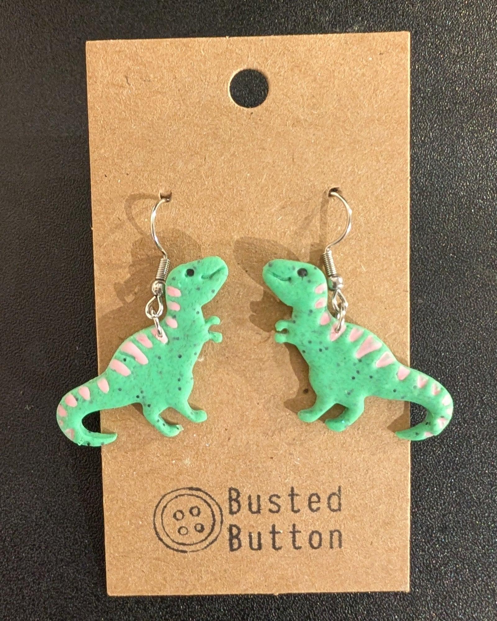 Green & Pink Dinosaur Earrings