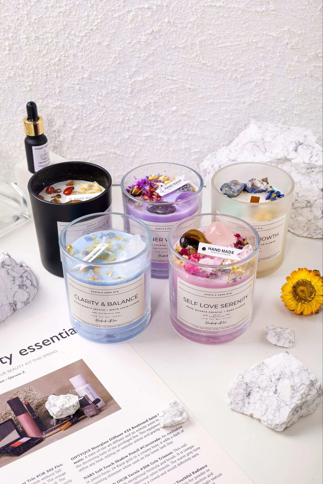 Wisdom and Growth Intention Candle with Crystals and Flowers