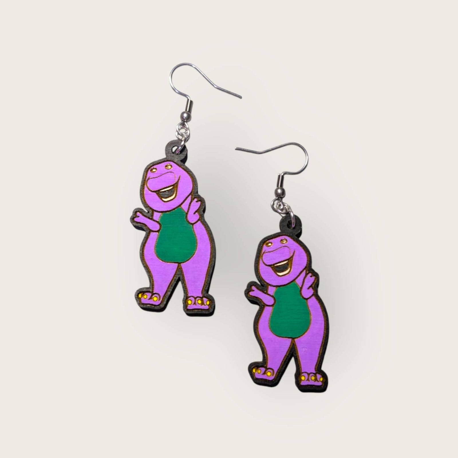 Nostalgic TV Purple Dinosaur Hand Painted Earrings