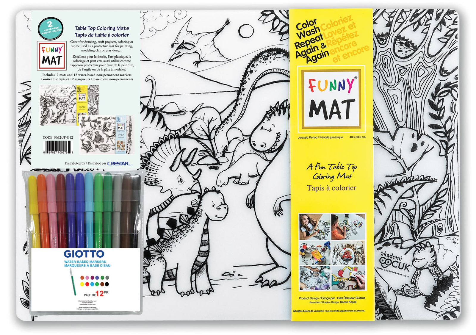 Table Top Coloring Mat, 2 pk & 12 markers, jurassic & fish
