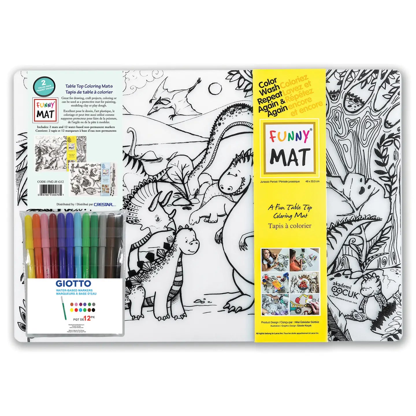 Table Top Colouring Mat, 2 Pk w/ Markers Dinos & Fish
