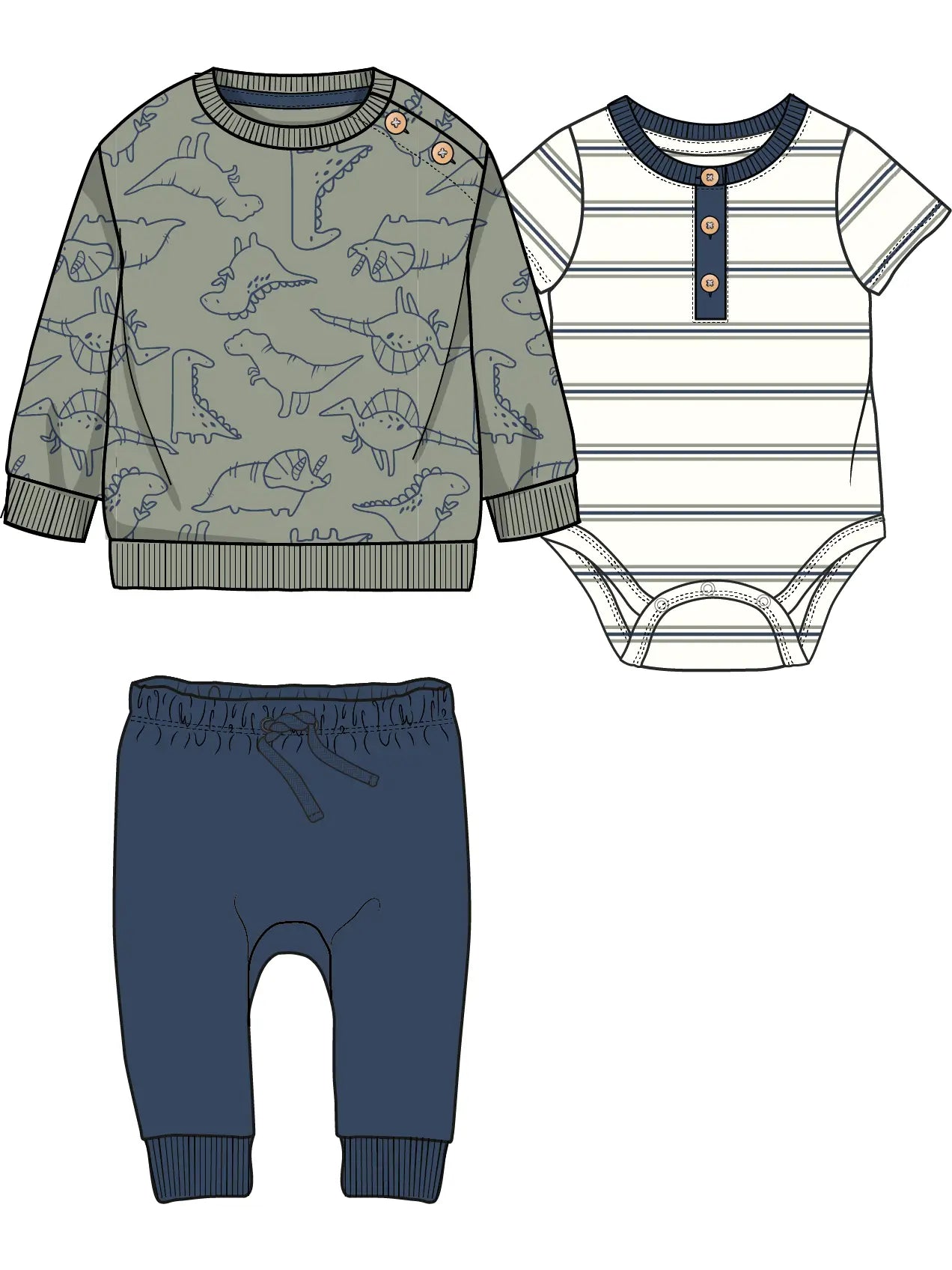 Infant-Toddler 3 Piece French Terry Dino Set