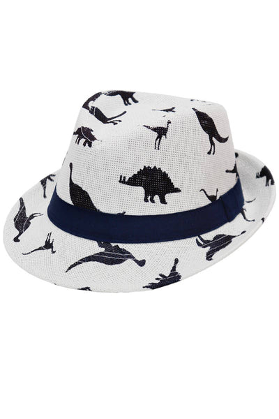 Kids Dinosaur Print Open Weave Paper Straw Fedora