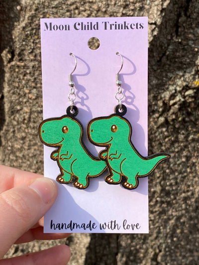 Tyrannosaurus Rex Hand Painted Wood Dangle Earrings