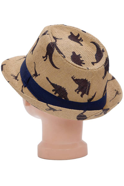Kids Dinosaur Print Open Weave Paper Straw Fedora