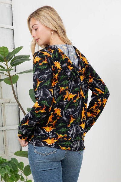 Retro Dino Print Zipper Hoodie