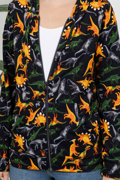 Retro Dino Print Zipper Hoodie