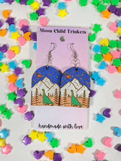 Dinosaur Extinction Hand Painted Wood Earrings