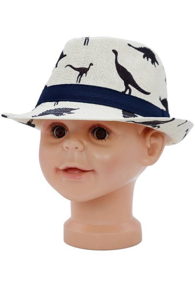 Kids Dinosaur Print Open Weave Paper Straw Fedora